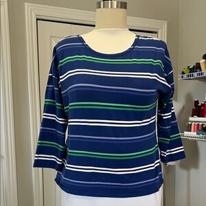 Striped Blue and Green Women's 3/4 sleeve knit top with back detail.